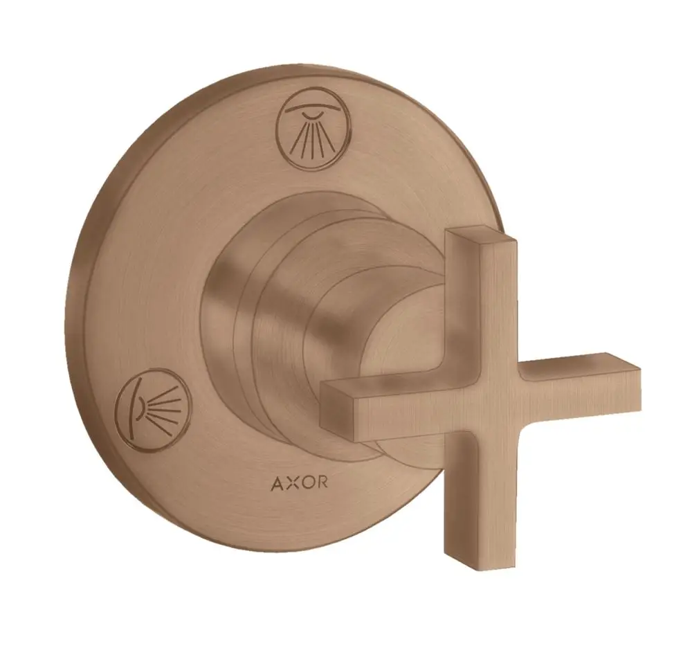 Unterputzventil von AXOR mit einem Kreuzgriff in gebürstetem Rotgold. Symbole für Wasser- und Brausefunktionen sind sichtbar.